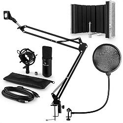 Auna CM001B mikrofonní sada V5 kondenzátorový mikrofon, mikrofonní rameno, pop filtr, panel, černá barva