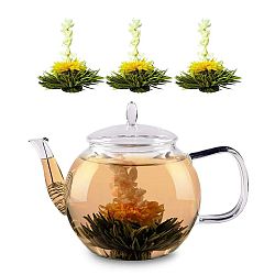 Feelino Skleněná konvice, 1300 ml, borosilikátové sklo, s uzávěrem, čajové sítko a čajové květy